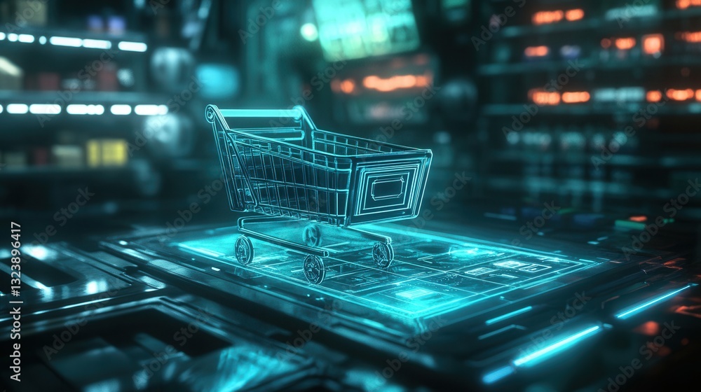 Leinwandbilder Futuristic shopping cart floating in digital space with glowing holographic interface set in a cyberpunk environment