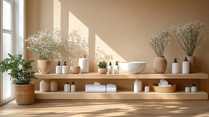 Serene Spa Ambiance with Elegant Floral Arrangements and Luxurious Bathroom Accessories Display