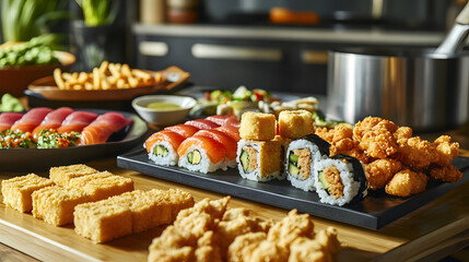 Delicious Sushi Platter with Tempura, Fries, and other Japanese Delights