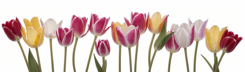 "Experience the elegance of spring.  
Vivid tulips gracefully arranged against a pure white background,  
highlighting the delicate beauty of seasonal blooms."