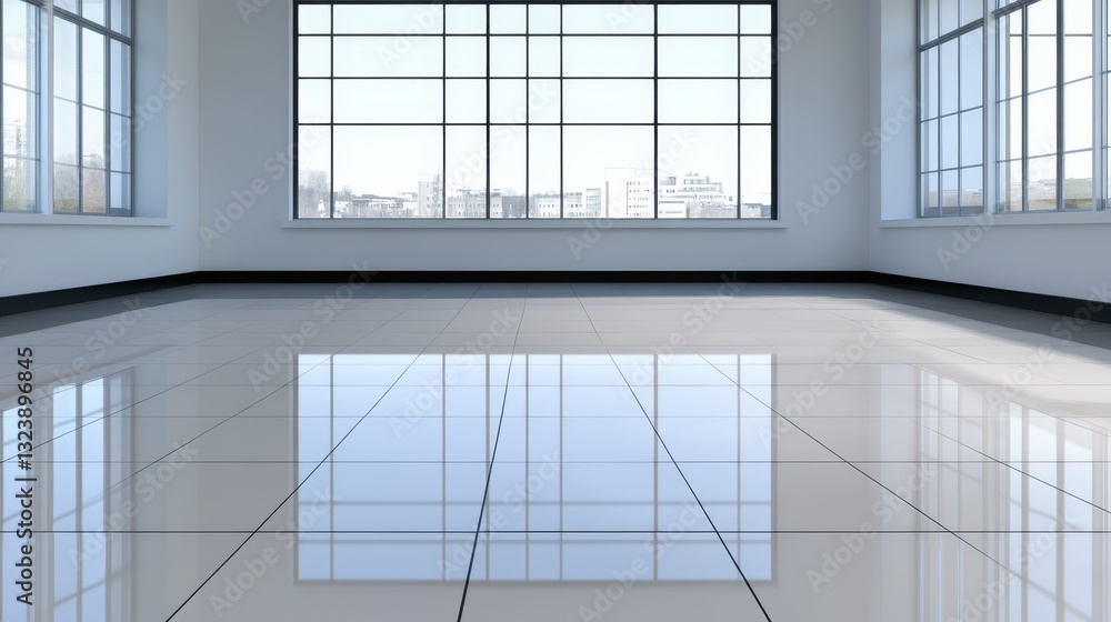 Aufkleber spacious empty room with large windows reflecting light on shiny tiled floor