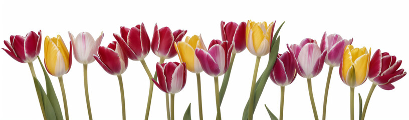 "Experience the elegance of spring.  
Vivid tulips gracefully arranged against a pure white background,  
highlighting the delicate beauty of seasonal blooms."