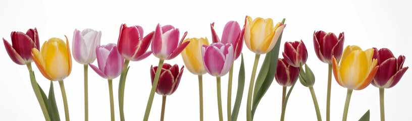 "Experience the elegance of spring.  
Vivid tulips gracefully arranged against a pure white background,  
highlighting the delicate beauty of seasonal blooms."