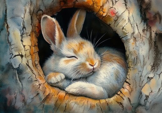 Naklejki Watercolor illustration of a cute fluffy rabbit sleeping in a hollow tree in a dreamy atmosphere
