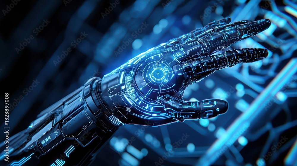Poster futuristic automation concept featuring ai-driven robotic hand with advanced technology design