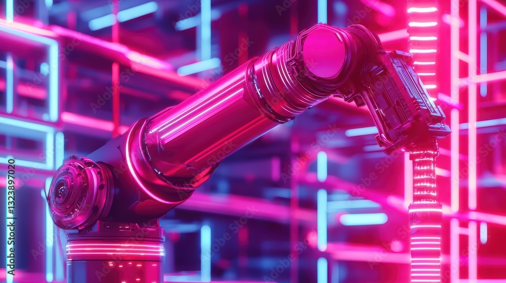 Poster futuristic automation concept with ai-driven robot arm in neon environment