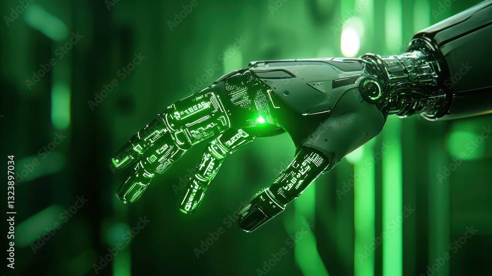 Poster futuristic ai driven robotic hand with green light in a high-tech environment