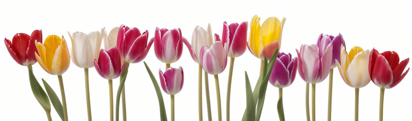 "Experience the elegance of spring.  
Vivid tulips gracefully arranged against a pure white background,  
highlighting the delicate beauty of seasonal blooms."