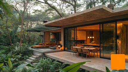 Fototapeta premium Modern concrete home nestled in lush forest