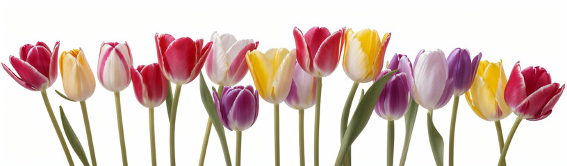 "Experience the elegance of spring.  
Vivid tulips gracefully arranged against a pure white background,  
highlighting the delicate beauty of seasonal blooms."