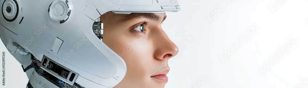 Poster futuristic human-technology interaction with ai driven concept in a minimalist design setting