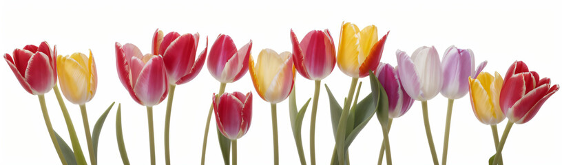 "Experience the elegance of spring.  
Vivid tulips gracefully arranged against a pure white background,  
highlighting the delicate beauty of seasonal blooms."
