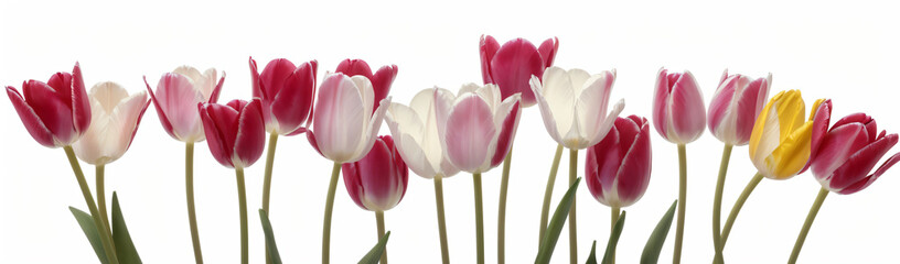 "Experience the elegance of spring.  
Vivid tulips gracefully arranged against a pure white background,  
highlighting the delicate beauty of seasonal blooms."