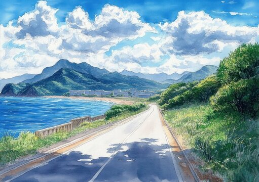 Scenic Countryside Road by the Sea with Mountains and Blue Skies
