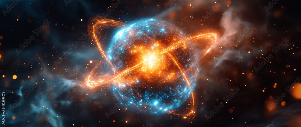 Poster A visually stunning representation of quantum concepts illustrates a vibrant sphere symbolizing particles in superposition and entanglement.