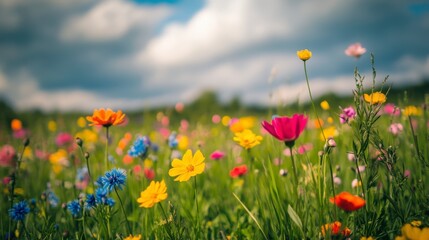 Obraz premium Vibrant Wildflower Field Under Blue Sky with Fluffy Clouds