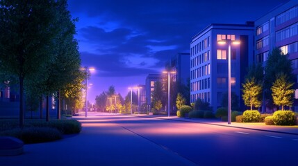 Serene Night Scene of a Quiet Urban Street with Lush Trees and Softly Glowing Streetlights