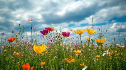 Naklejka premium Colorful Wildflowers Under a Bright Blue Sky with Fluffy Clouds