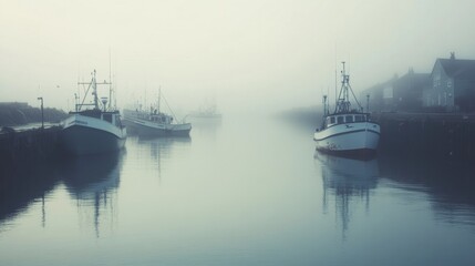 Naklejka premium Foggy Harbor Scene with Fishing Boats in Calm Water Reflection