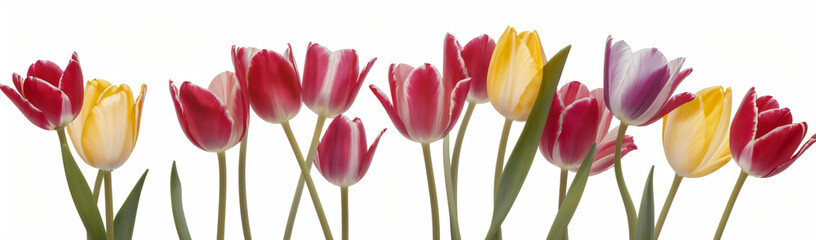 "Experience the elegance of spring.  
Vivid tulips gracefully arranged against a pure white background,  
highlighting the delicate beauty of seasonal blooms."