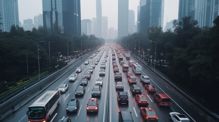 Heavy traffic on urban bridge during rush hour, showcasing the challenges of urban commuting and the bustling pace of city life.