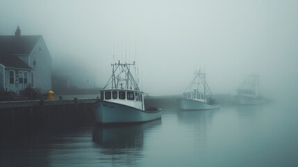 Fototapeta premium Foggy Harbor Scene with Fishing Boats in Mysterious Atmosphere