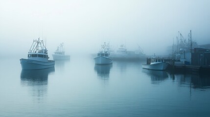 Naklejka premium Serene Fishing Boats in Foggy Harbor at Dawn on Still Water