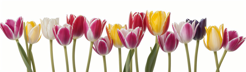 "Experience the elegance of spring.  
Vivid tulips gracefully arranged against a pure white background,  
highlighting the delicate beauty of seasonal blooms."