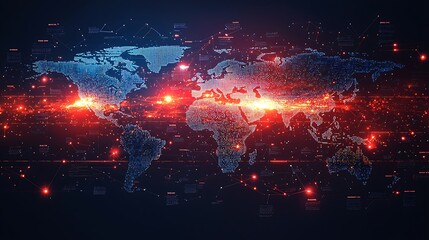 Global Network Connection Digital World Map with Data Flow and Hotspot Illumination