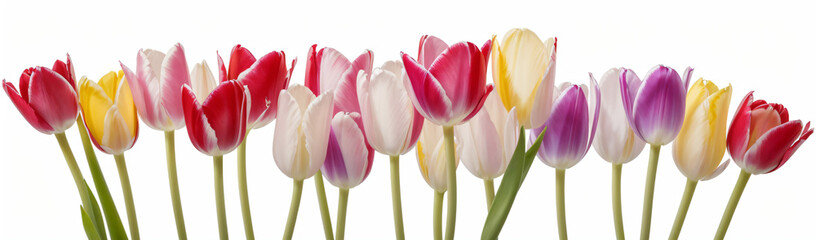 "Experience the elegance of spring.  
Vivid tulips gracefully arranged against a pure white background,  
highlighting the delicate beauty of seasonal blooms."