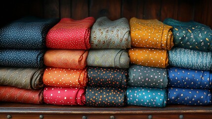Colorful folded fabrics displayed neatly on a wooden shelf, showcasing various patterns and textures