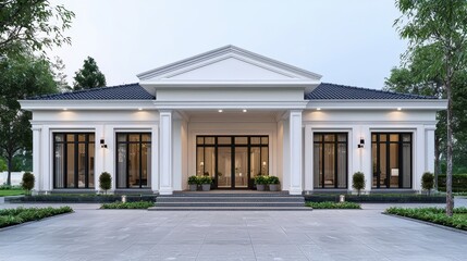Modern luxury villa with a classic design. Exterior view of a beautiful house with a garden. Concept of architecture, real estate, and luxury lifestyle.
