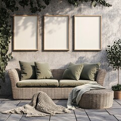 Three Photo Frames on Plaster Wall with Wicker Sofa and Footstool Outdoor Peaceful Scene