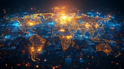 Fototapeta premium Global Network Connectivity Illuminated World Map on Digital Circuit Board