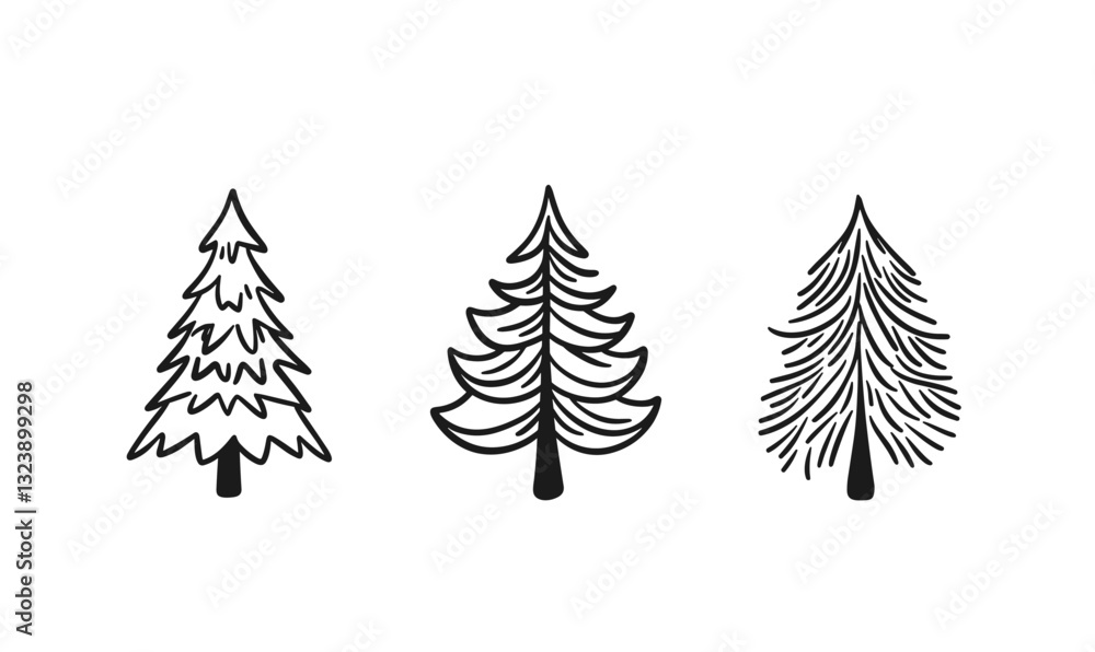 Poster pine tree icons set featuring three distinct styles - flat, vector.