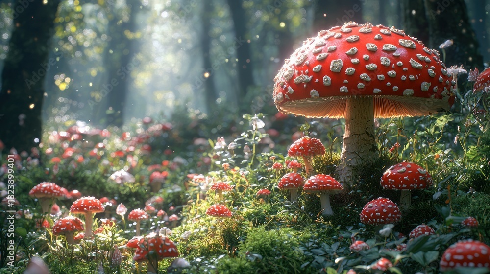 Poster enchanting forest scene with a large red mushroom and many smaller ones.