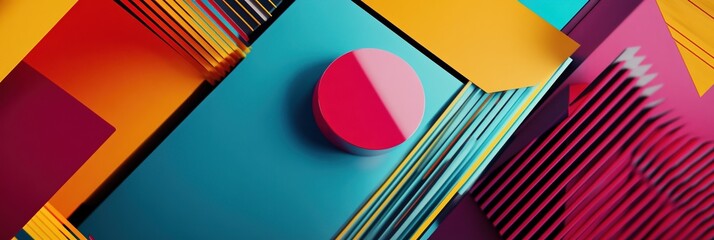 Vibrant graphic layout featuring geometric shapes and bold colors for promotional use