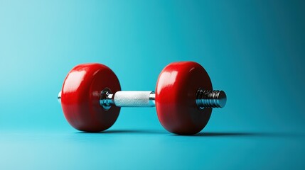 A bright red dumbbell, its metallic sheen reflecting the vibrant blue background, stood poised for action, a symbol of fitness and strength, ready to be wielded in a dynamic workout routine.