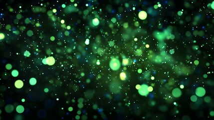 Black background with glowing green and blue particles, futuristic technology atmosphere.