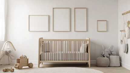 Tranquil Nursery Scene with Wooden Crib, Toys and Wall Art Decor for Newborn Baby in Neutral Tones