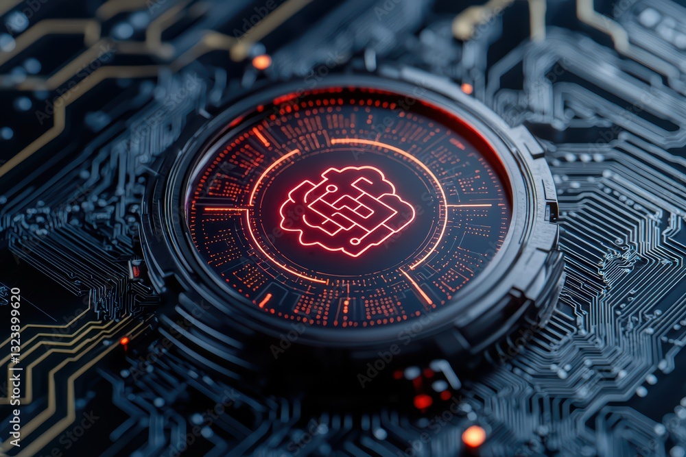 Poster futuristic neural network concept on circuit board representing high-tech productivity solutions