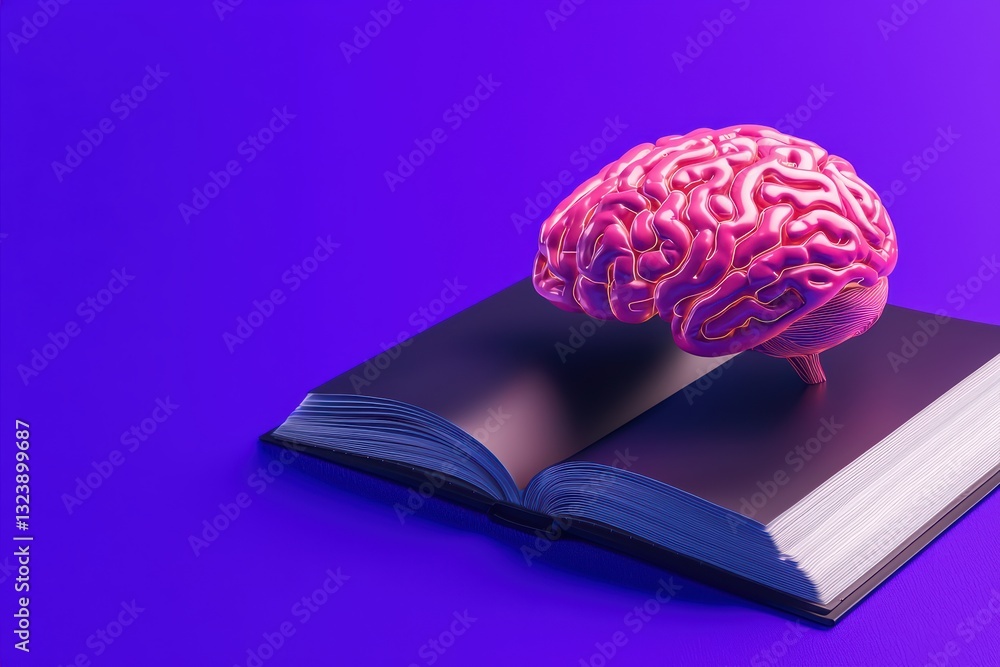 Poster high-tech neural network concept with brain emerging from open book on vibrant background