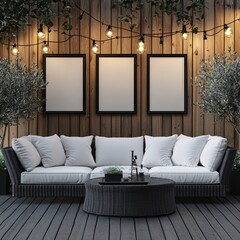 Tranquil Outdoor Lounge Area with Wooden Wall Frames and Ambient Lighting Decoration