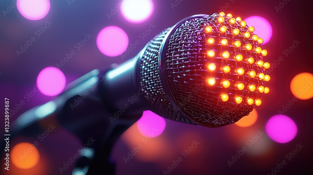 Poster illuminated microphone head shines on stage with bokeh light background