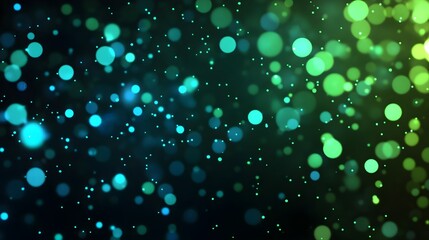 Black background with glowing green and blue particles, futuristic technology atmosphere.