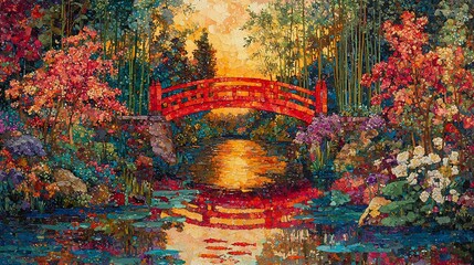Vibrant sunset over a serene pond with a red bridge surrounded by colorful foliage