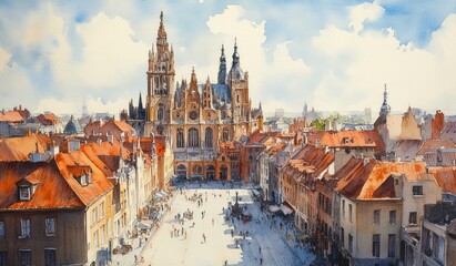 Obraz premium Watercolor Painting of Historic Gothic Cathedral in Old Town Square Prague
