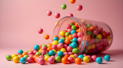 Obraz premium A vibrant assortment of colorful candy-coated gumballs spills from a transparent jar onto a pastel pink background. The playful and sweet composition evokes a sense of fun, joy, and childhood nostalgi