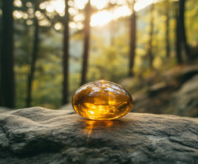 polished amber gemstone with an insect inclusion, placed on a natural rock surface in a tranquil forest setting.