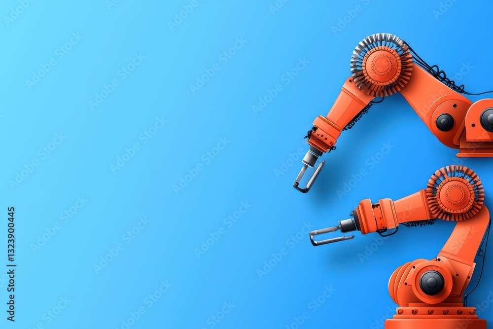 Poster industrial robotics concept for assembly line automation with modern robotic arms